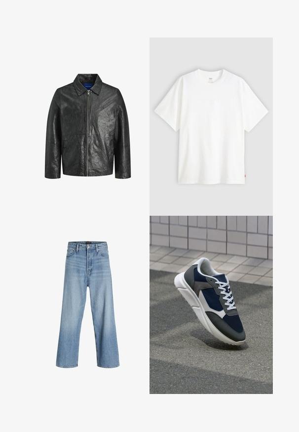 Schwarze Lederjacke mit zerknitterter Textur, Reißverschluss und Kragen. Hat lange Ärmel und Seitentaschen.; Weißes T-Shirt mit kurzen Ärmeln aus Baumwolle und rundem Halsausschnitt. Besitzt ein dezentes, geprägtes Logo-Detail auf der Vorderseite und ein rotes Etikett am Saum.; Helle blaue weit geschnittene Jeans aus Denim, mit hoher Taille, klassischem Fünf-Taschen-Design und Knopfverschluss mit Reißverschluss.; Sneaker mit einem Obermaterial aus navyblauem Mesh, grauen Wildlederelementen, einer weißen Gummisohle und flachen weißen Schnürsenkeln, entworfen für Komfort und Atmungsaktivität.