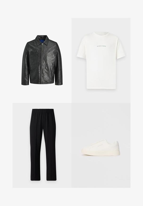 Fekete bőrkabát gyűrött textúrával, cipzáras záródással és gallérral. Hosszan szabott ujjak és oldalsó zsebek jellemzik.; Fehér pamut póló rövid ujjal és kerek nyakkal. Középre elhelyezett szöveg olvasható: "ÜDVÖZÖLJÜK A PARADICSOMBAN" íves zöld betűtípussal.; Fekete, gumíros derekú nadrág egyenes szabással, sima felülettel, látható minták vagy fémrészek nélkül.; Fehér slip-on sportcipők texturált felülettel, vastag talppal és minimalista dizájnnal. Az oldalon a márka logója található.