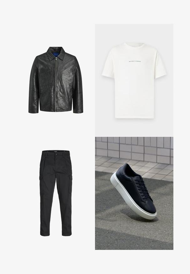 Svart skinnjakke med en skrukkete tekstur, glidelås foran og krage. Har lange ermer og sidelommer.; Hvit bomull t-skjorte med korte ermer og rund hals. Midt på t-skjorten står teksten "VELKOMMEN TIL PARADIS" i en buet grønn skrift.; Sorte cargo bukser laget av slitesterkt stoff, med flere lommer, knappelukking og en slim fit-design med avsmalnede ben.; Sorte skinnsneakers med rund tå og hvit gummisåle. Har flate lisser og minimal søm på overdelen. Strukturert såle for grep.