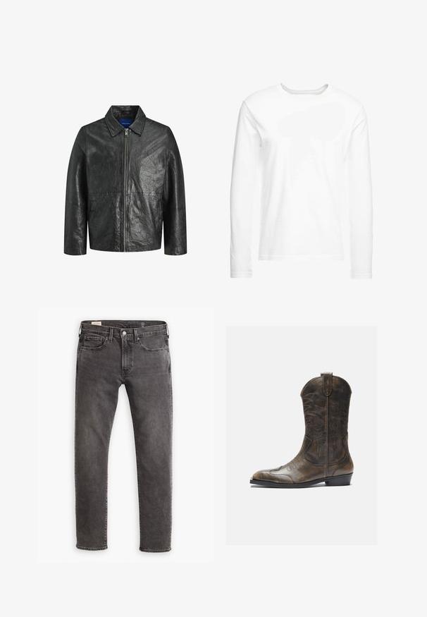 Fekete bőrkabát gyűrött textúrával, cipzáras záródással és gallérral. Hosszan szabott ujjak és oldalsó zsebek jellemzik.; Hosszúujjú, puha pamutból készült fehér póló. Kerek nyakú, egyenes szegésekkel, látható minták vagy grafikák nélkül.; Szürke farmernadrág egyenes szabással, öt zsebbel és gombos zárással. Finom fakulás és tónusos varrás jellemzi.; Barna bőr cowboy csizma magas szárral, hegyes orral, bonyolult varrási mintákkal és kis sarokkal. Az egész felületén texturált befejezés.
