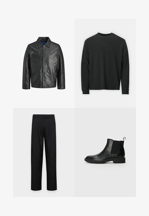 Czarna skórzana kurtka o pomarszczonej teksturze, z zapięciem na zamek błyskawiczny oraz kołnierzem. Posiada długie rękawy i boczne kieszenie.; Czarna koszulka z długim rękawem, wykonana z bawełny, z okrągłym dekoltem, luźnym krojem i ściągaczami na rękawach. Gładka tekstura bez widocznych wzorów.; Czarne spodnie wykonane z gładkiego materiału, z prostą nogawką, dwoma fałdami z przodu oraz standardowym paskiem z wypustkami na pasek.; Jack & Jones WHOSKINS antracytowy