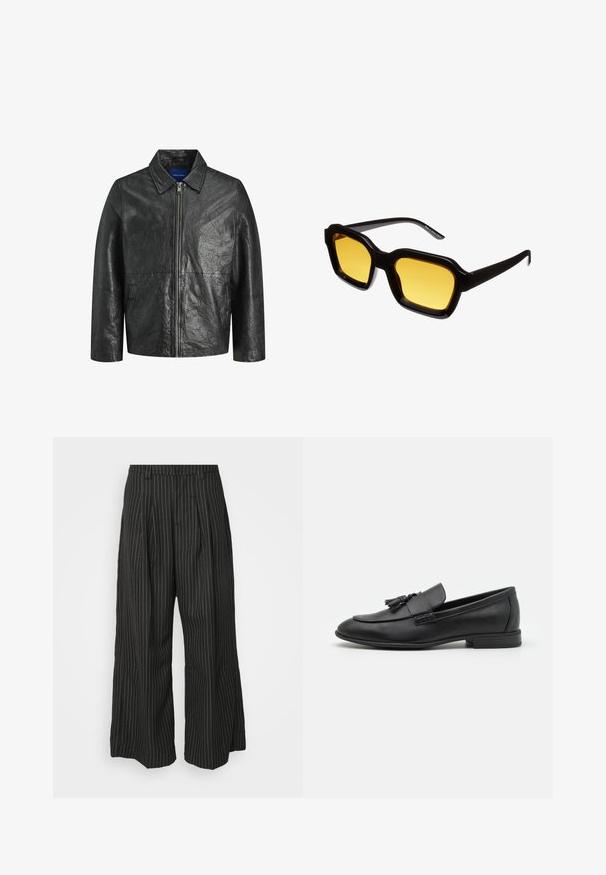 Musta nahkatakki, jossa on ryppyinen pinta, vetskari ja kaulus. Varustettu pitkillä hihoilla ja sivutaskuilla.; YOURTURN 2 PACK UNISEX - Pitkähihainen paita - dark grey/black; Mustat pinstripe-linjaiset leveälahkeiset housut, joissa on pleateja, taidokkaalla muotoilulla ja pehmeällä tekstuurilla. Ei näkyvää metalliosia tai koristeita.; Musta nahkakengät, joissa on sileä pinta, etuosassa tupsuaksentti, pyöreä kärki ja matala korko. Yksinkertainen ja tyylikäs muotoilu.; Musta asetaatti aurinkolasit, joissa on näyttävä, kulmikas muotoilu. Keltaisesti sävytetyt suorakulmaiset linssit ja hoikat templet. Valmistettu Kiinassa.