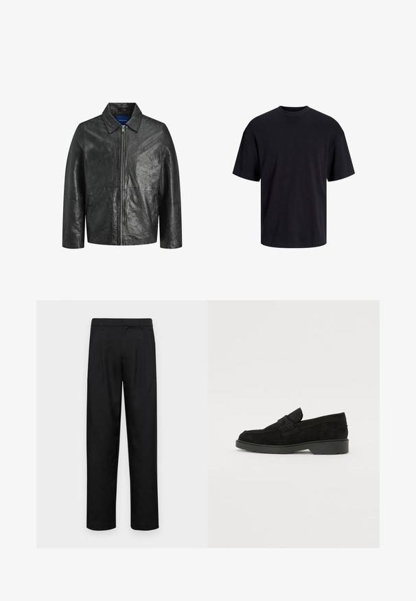 Schwarze Lederjacke mit zerknitterter Textur, Reißverschluss und Kragen. Hat lange Ärmel und Seitentaschen.; Schwarzes Baumwoll-T-Shirt mit Rundhalsausschnitt, kurzen Ärmeln und lässiger Passform. Glatte Oberflächenstruktur und keine sichtbaren Muster oder Akzente.; Schwarze Hose aus glattem Stoff, mit geradem Bein Design, zwei vorderen Falten und einem Standardbund mit Gürtelschlaufen.; Schwarze Wildleder-Slipper mit niedrigem Absatz, ausgestattet mit einem einfachen Band über dem Obermaterial und texturierten Details an den Seiten.