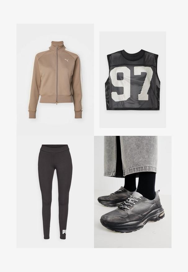 Veste de survêtement zippée marron avec un col haut, panneaux latéraux crème et poignets et ourlet côtelés. Présente un logo sur la chute gauche.; Crop top en maille noire avec une conception sans manches et un grand numéro imprimé en blanc "97" sur le devant. Matériau texturé et respirant.; Leggings noirs en tissu extensible, avec une taille haute et un logo blanc imprimé sur le bas de la jambe gauche. Texture lisse.; Des chaussures de sport noires et grises présentent un dessus en mesh, des semelles épaisses et des lacets. Elles ont un bout arrondi et des détails de rembourrage visibles.