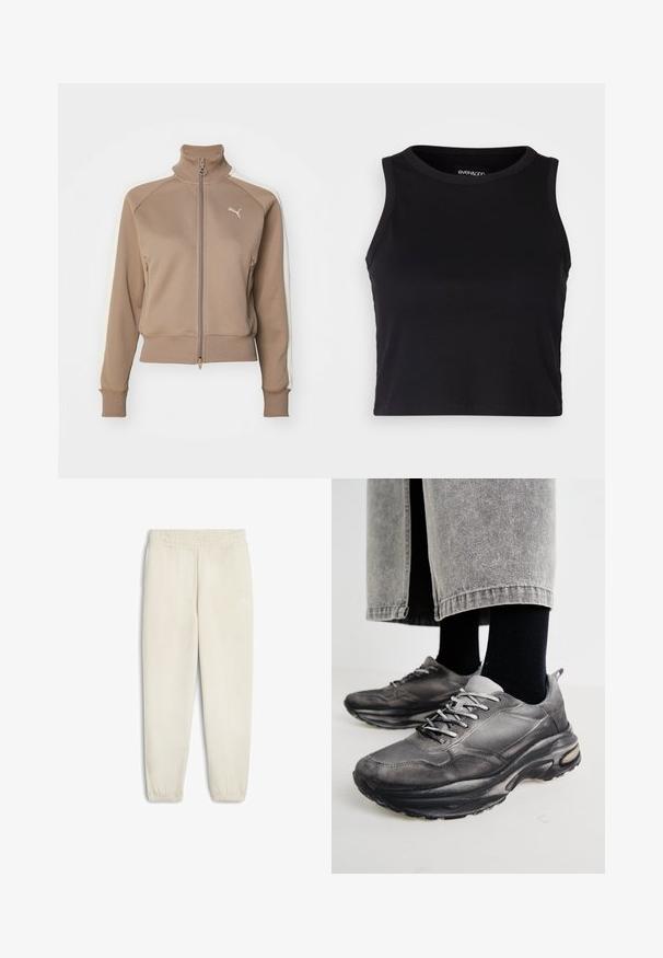 Veste de survêtement zippée marron avec un col haut, panneaux latéraux crème et poignets et ourlet côtelés. Présente un logo sur la chute gauche.; Top court noir à côtes avec un col rond et un design sans manches. Fabriqué en tissu doux et extensible, avec des bords ourlés propres.; Pantalons de survêtement beige clair en tissu doux, avec une taille élastique, des chevilles resserrées et un petit logo blanc sur le côté.; Des chaussures de sport noires et grises présentent un dessus en mesh, des semelles épaisses et des lacets. Elles ont un bout arrondi et des détails de rembourrage visibles.