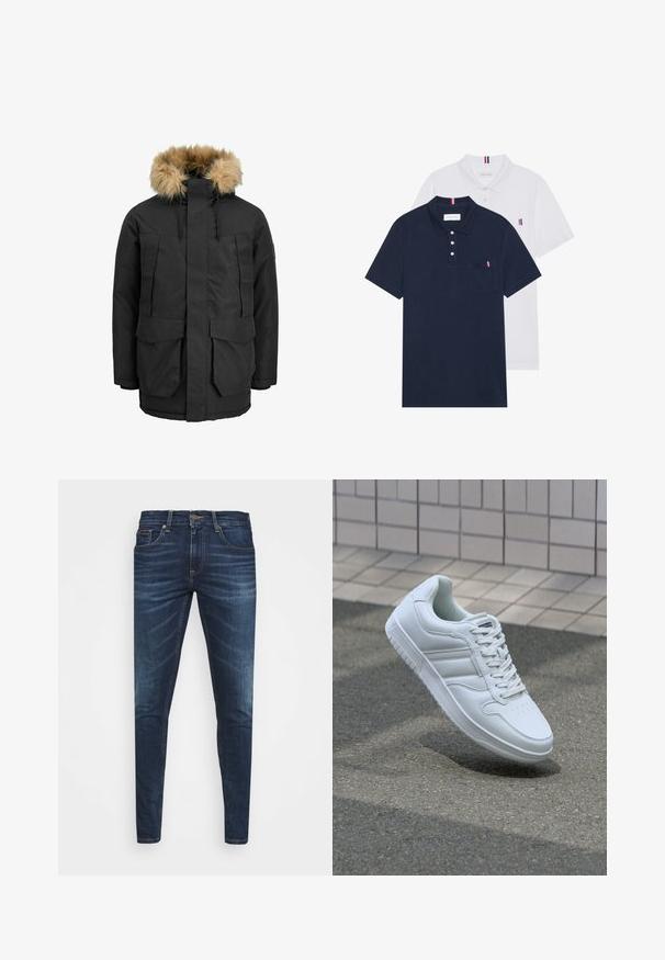 Črna parka jakna s snemljivim bež umetnim krznom na kapuci, sprednjim zadrgo, dvema velikima žepoma s poklopcem in nastavljivim robom za boljši fit.; Dve polo majice: ena mornarsko modra in ena bela, obe z majhnim rdečim, belim in modrim poudarjanjem na žepu in ovratniku.; Temno modri kavbojke ozkega kroja, s subtilnim bledenjem, petimi žepi in kovinskim zapiranjem na gumb. Oštrikanje z akcenti v kontrastni barvi.; Bela atletska teniska obutev z gladkim usnjenim zgornjim delom, vezanjem spredaj, perforiranim prstom in vzorčastim podplatom. Minimalistična zasnova s tremi stranskimi črtami.