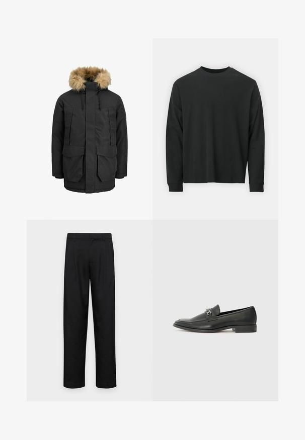 Parka negra con capucha de pelaje sintético marrón claro desmontable, cremallera frontal, dos grandes bolsillos con solapa y dobladillo ajustable para un mejor ajuste.; Camiseta negra de manga larga, hecha de algodón, con escote redondo, corte holgado y puños acanalados. Textura suave sin patrones visibles.; Pantalones negros de tela suave, con un diseño de pierna recta, dos pliegues frontales y una cintura estándar con trabillas para el cinturón.; Mocasín de cuero negro con un acabado suave, que cuenta con un diseño de costura y un acento decorativo de cadena de metal en el empeine. Tacón plano.