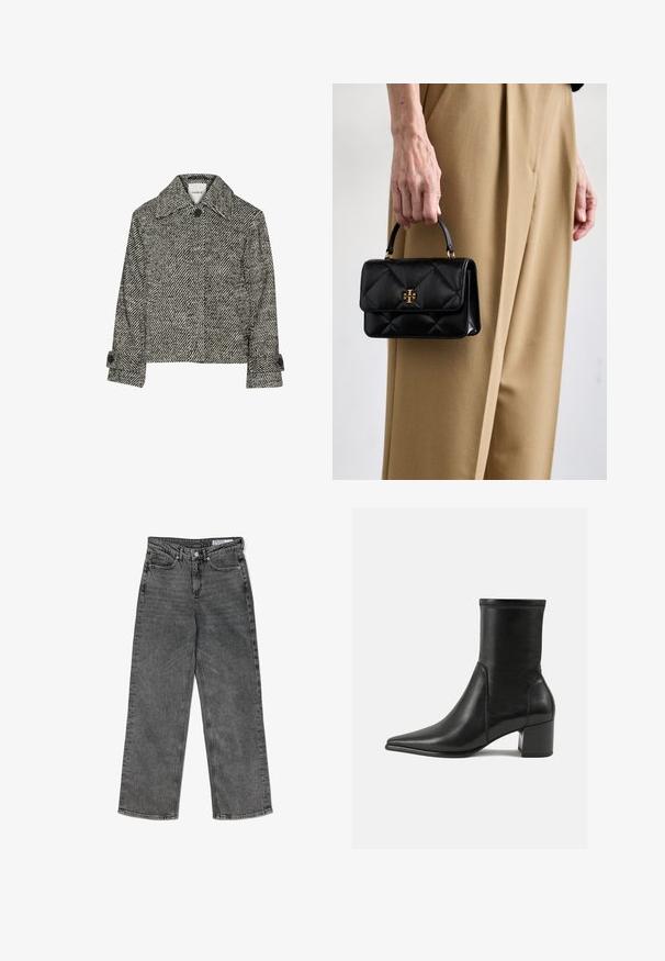 Jachetă cu model houndstooth în alb și negru, cu guler, închidere cu nasturi în față și detalii cu manșete suflecate. Textură moale.; Tricou cu mânecă lungă de culoare gri deschis, confecționat dintr-un material moale din bumbac. Are un decolteu rotund și o siluetă ajustată, fără modele sau accente.; Jeans negre cu talie înaltă, spălate, cu croi drept, dotate cu buzunare frontale, curea, închidere cu buton și etichetă de marcă pe banda interioară.; Botină neagră până la gleznă, fabricată din piele netedă, cu vârf ascuțit, toc tip bloc și cusături proeminente distincte la marginea superioară.; Geantă din piele neagră cu un design matlasat, având un mâner superior și accesorii de nuanță aurie, ținută de o persoană îmbrăcată în pantaloni bej.