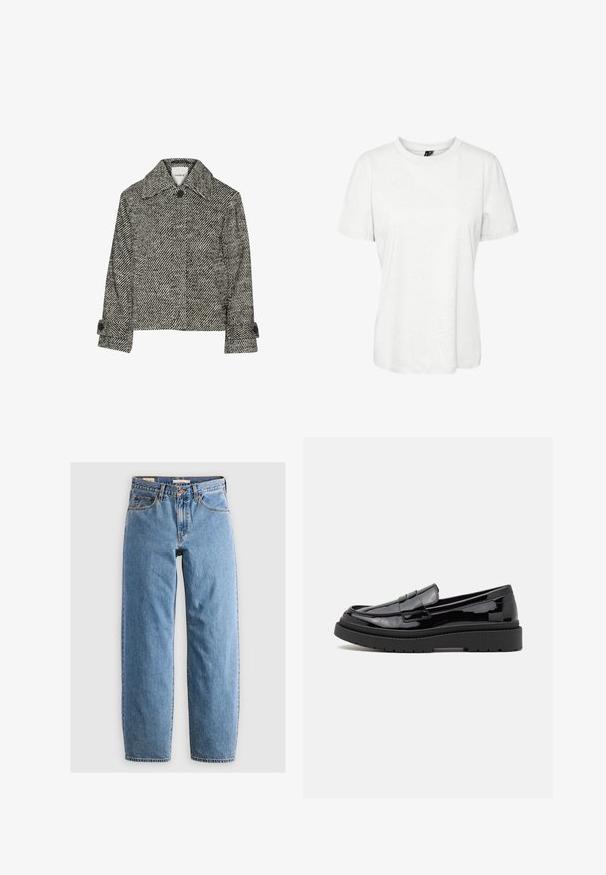 Juodai balta šunų dantų rašto striukė su apykakle, priekyje užsegama su sagomis ir sukeltomis rankovėmis. Minkšta tekstūra.; Balta trumpa rankovė t-shirt pagaminta iš medvilnės, su apvalia iškirpte ir laisvu siluetu. Lygus paviršius, be matomų raštų ar dekoracijų.; Šviesiai mėlyni džinsai su tiesiu kojų kirpimu, penkiomis kišenėmis, užtrauktuku ir subtiliu išblukimo efektu. Klasikinis stilius su minimaliais aksesuarais.; Juodi patentiniai odiniai loafersai su apvaliu nosiu, dekoratyvia juostele ir storu juodu guminio pado. Lygus blizgus paviršius su minimaliu siuvimu.