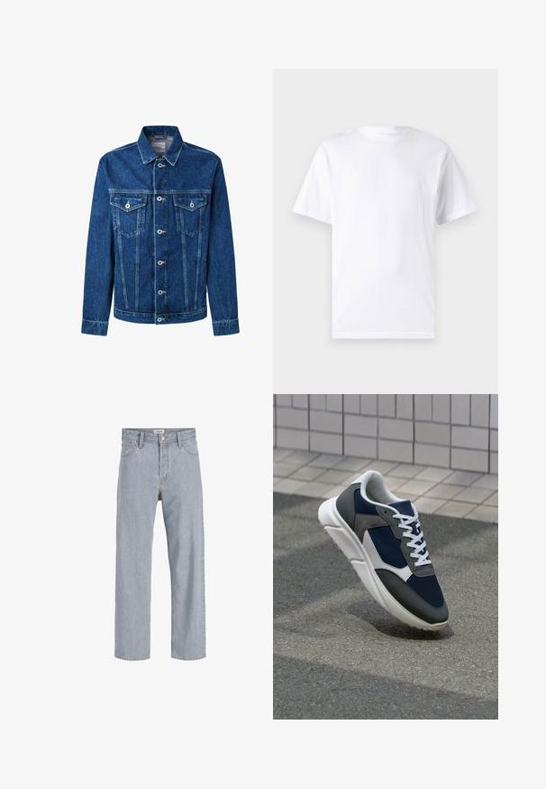 Tamsiai mėlynas džinsinis švarkas su sagų užsegimu, dviem krūtinės kišenėmis ir klasikinio tipo apykakle. Siūlės matomos išilgai siūlių.; Baltas trumpas rankovės marškinėlis, pagamintas iš medvilnės, su apvaliu kaklu, pasižymintis lygiu paviršiumi ir paprastu dizainu be raštų ar akcentų.; Šviesiai mėlynos džinsinės kelnės su laisvu siluetu, tiesiomis kojomis, matomomis siūlėmis, dviem priekiniams kišenėmis ir mygtukų užtrauktuku.; Sportiniai bateliai su tamsiai mėlynu tinkliniu viršumi, pilkais zomšiniais akcentais, balta guma padanga ir plokščiomis baltomis raištelėmis, sukurti komfortui ir oro pralaidumui.