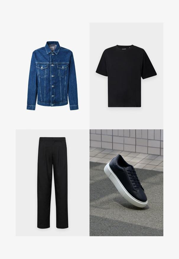 Tamsiai mėlynas džinsinis švarkas su sagų užsegimu, dviem krūtinės kišenėmis ir klasikinio tipo apykakle. Siūlės matomos išilgai siūlių.; Juodas trumpas rankovėmis T-marškiniai su apvaliu kaklu, atsipalaidavusio silueto, pristatyti ant baltos fono.; Juodi kelnių modeliai, pagaminti iš lygios medžiagos, turi tiesią kojas, du priekiniai klostės ir standartinę juosmenį su diržo kilpomis.; Juodas odinis sportbačius su apvaliu pirštu ir baltu gumuotu padu. Turi plokščias raišteles ir minimalų siuvimą viršuje. Padangos tekstūra užtikrina sukibimą.