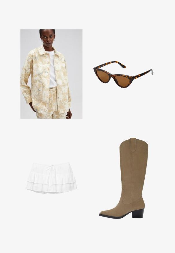 Lys gul denimjakke med et tekstureret, marmorering mønster i nuancer af blå. Har krave, forlommer og knaplukning.; Beige strikpullover med lange raglanærmer og ribbede manchetter og kant, lagt fladt på en lys baggrund.; Hvid lagdelt nederdel med tre flæser, elastisk talje og snoretræk. Fremstillet af let, tekstureret stof.; Knæhøje, lysebrune ruskindsstøvler med spids tå, stablet hæl og syningsdetaljer langs siderne. Glat tekstur og struktureret design.; Kat-ejede solbriller med en sort og orange skildpaddemønstret stel, brune linser og slanke, spidse ender. Har et minimalistisk logo på skabelsen.