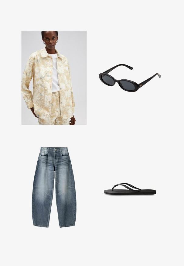 Lichtgele denimjack met een gemêleerd patroon in blauwtonen. Voorzien van een kraag, opgestikte zakken en een knoopsluiting.; Wit katoenen T-shirt met korte mouwen, een ronde hals en een gladde textuur. De achterkant is effen zonder extra patronen of ontwerpen.; Wijd gesneden jeans van lichtblauwe denim met vervaging, met een vijf-pocket ontwerp, knoopsluiting en minimale stikdetails.; Zwarte flip-flop met een gestructureerde rubberen zool, twee slanke banden en een subtiele, ingedrukte logo-detail op de band.; Zwarte oversized zonnebril met ovale lenzen, een glad plastic montuur en gouden accenten op de pootjes. Donkere lenzen bieden bescherming tegen de zon.