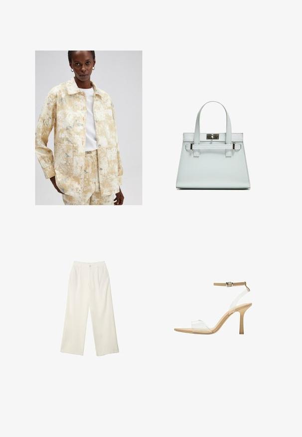 Svetlo rumena denim jakna z teksturirano, marmorirano površino v odtenkih modre. Ima ovratnik, sprednje žepe in gumbasto zapiranje.; Bela bodisu s kvadratnim izrezom, brezrokavni dizajn, gladka tekstura in zapiranje na dnu s pritisnim gumbom. Preprost in minimalističen slog.; Hlače širokih nogavic iz kremaste tkanine z gladko teksturo, z enim sprednjim gumbom, diskretnimi plisami in visokim pasom.; Sandal z jasnim petnikom s prozornim zgornjim delom, bež podplatom in sivim trakcem okoli gležnja. Ima koničast nos in tanek visoki petek.; Svetlo modra torbica z oblikovano zasnovo, dvema ročkama in kljuko iz srebrno-toniranega materiala. Teksturni material in ostri koti.