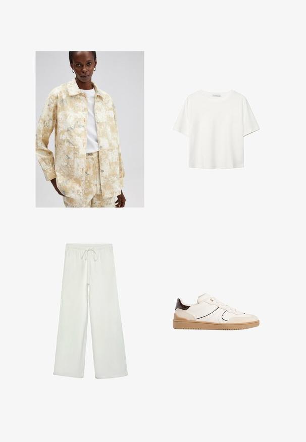 Ljusgul denimjacka med en texturerad, fläckig mönstring i nyanser av blått. Har en krage, fickor framtill och knappstängning.; Vit t-shirt med kort ärm i bomull. Har en rundad halsringning och en avslappnad passform. Slät textur utan synliga mönster eller detaljer.; Vita vida byxor i mjukt tyg. Har en elastisk midja med dragsko och en slät yta. Inga synliga mönster eller metalldetaljer.; Stradivarius Sneakers - white