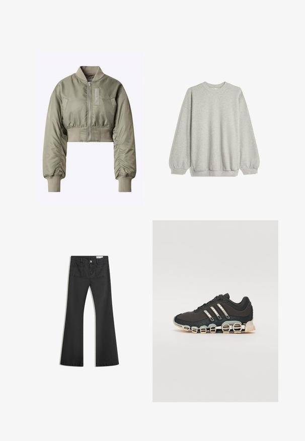 Cropped bomber jacket in olive green, featuring a zip front, ribbed cuffs, and a smooth, shiny texture with a patch on the left side.; Gray sweatshirt made of soft fabric, featuring a crew neck, long sleeves with elastic cuffs, and a relaxed fit. No patterns or accents.; Black flared jeans made of denim with a smooth texture, featuring two back pockets and a button closure at the waist.; Black athletic shoe with a textured upper, three silver stripes, and a distinctive cushioning sole featuring multiple integrated sections.
