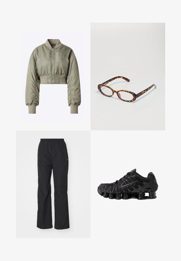 Cropped bomber jacket in olive green, featuring a zip front, ribbed cuffs, and a smooth, shiny texture with a patch on the left side.; Black long-sleeve athletic top with a half zip, collar, reflective Nike logo, and flatlock seams for comfort and a snug fit.; Black, lightweight pants with an elastic waistband and drawstring. Features a textured finish and a small reflective logo on the side.; Black athletic shoe with mesh upper and glossy overlays. Features curved coil cushioning and textured lines on the side. Nike logo visible.; Tortoiseshell glasses with oval lenses, featuring a glossy finish, slim arms, and subtle patterns resembling a tiger's stripes.