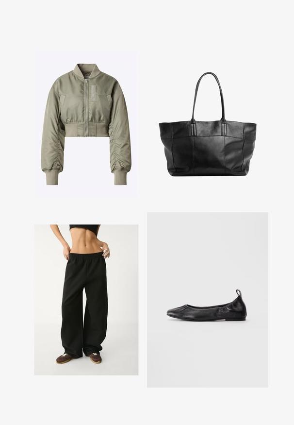 Krátka bomber bunda v olivovej zelenej farbe, s predným zipsom, rebrovanými manžetami a hladkou, lesklou textúrou s nášivkou na ľavej strane.; Biele bavlnené tielko s ryhovanou textúrou, bezrukávovým dizajnom a okrúhlym výstrihom. Obsahuje štítok na krku so slovami "WEEKDAY."; Čierne, široké tepláky s elastickým pásom. Vyrobené z mäkkej látky, s voľným strihom. Skombinované s hnedými teniskami.; Čierne kožené baletné topánky s okrúhlou špičkou, zhrnutými elastickými stranami a pútkom na päte, vystavené na svetlom pozadí.; Still Nordic STILLBASIC SHOPPER - Veľká kabelka - black