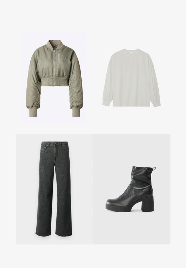 Kuttet bomberjakke i olivengrønn, med glidelås foran, ribbestrikkede mansjetter og en glatt, blank tekstur med et merke på venstre side.; Lys grå langermet t-skjorte laget av myk bomull. Har en løs passform, rund hals og forsiktig samlet mansjetter. Ingen mønstre eller grafikk.; Vide ben jeans i mørkegrå denim, med en subtil zebra-mønster tekstur, kontrast søm, og fem lommer med knappestol. ; Svarte ankelstøvler laget av glatt lær, med glidelås på siden, chunky strukturert hæl, og rund tå-design.