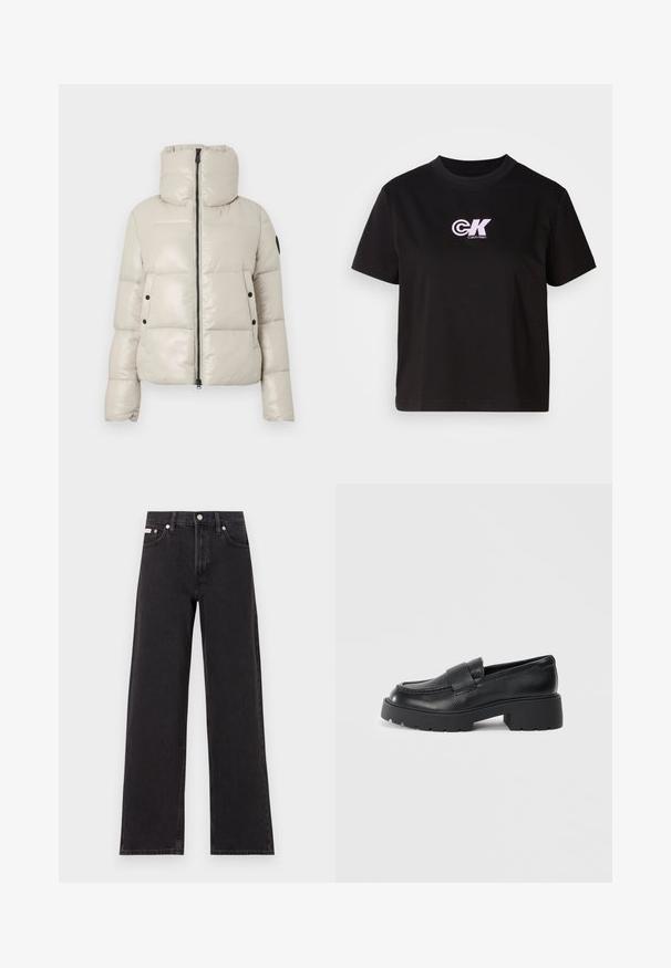 Casaco acolchoado bege claro com gola alta, fecho frontal e detalhes em botões pretos. Apresenta uma textura suave e brilhante, além de um design curto.; T-shirt de algodão preto com decote redondo e mangas curtas. Apresenta um logo "CK" em branco e rosa na parte superior esquerda do peito.; Jeans de perna larga pretos feitos de denim, apresentando uma cintura alta, estilo de cinco bolsos e um fecho em botão de metal com costura contrastante.; Mocassins de couro preto com um acabamento texturizado, apresentando uma faixa retangular na parte superior e um design de sola robusta e dentada.