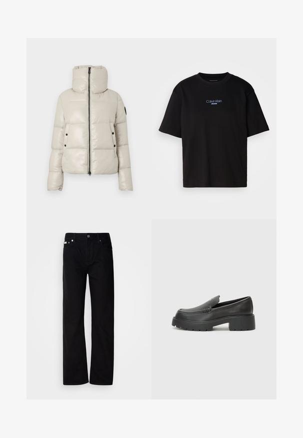Light beige padded jacket with a high collar, front zipper, and black button accents. Features a smooth, shiny texture and a cropped design.; Black cotton t-shirt with a round neck, short sleeves, and blue embroidered "Calvin Klein JEANS" logo on the front.; Black denim straight-leg pants with five pockets, silver rivets, and a button fly. The fabric has a smooth, slightly textured finish.; Black leather loafers with a rounded toe, thick textured sole, and minimal stitching details. Sleek design with no visible laces or hardware.