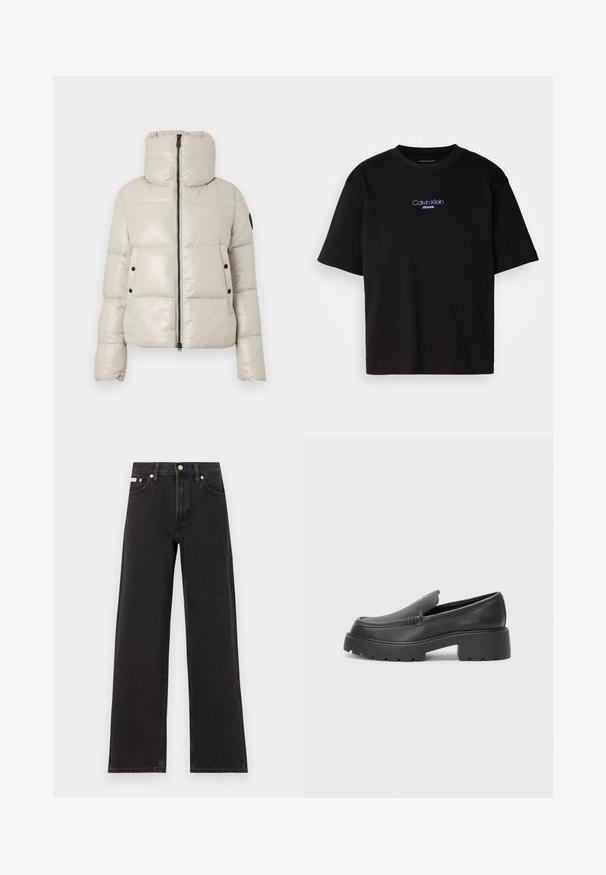 Hellbeige gepolsterte Jacke mit hohem Kragen, Frontreißverschluss und schwarzen Knopfakzenten. Verfügt über eine glatte, glänzende Textur und ein kürzeres Design.; Schwarzes Baumwoll-T-Shirt mit Rundhalsausschnitt, kurzen Ärmeln und blau gesticktem "Calvin Klein JEANS"-Logo auf der Vorderseite.; Schwarze weit geschnittene Jeans aus Denim mit einem hoch sitzenden Bund, fünf Taschen und einem Metallknopfverschluss mit kontrastierendem Nähte.; Schwarze Lederloafer mit einer abgerundeten Spitze, dicker strukturierten Laufsohle und minimalen Nähten. Schlankes Design ohne sichtbare Schnürsenkel oder Beschläge.