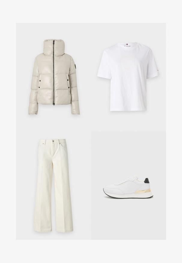 Gai bežs izliekts jaka ar augstu apkakli, priekšējo rāvējslēdzēju un melnu pogu aksesuāriem. Tam ir gluda, spīdīga tekstūra un saīsināts dizains.; Balts kokvilnas T-krekls ar apaļu kaklu, īsām piedurknēm un smalku dzeltenu logo dizainu, kas lasa "HILFIGER NEW YORK 1985". Standarta izgriezums.; Platās kāju baltās džinsas, izgatavotas no kokvilnas maisījuma auduma. Tām ir rāvējslēdzēja josta, piecu kabatu dizains un šuvju izšuvumi gar šuvēm.; Baltas sporta apavs ar gludu virsmu, ar melnu papēža akcentu un zeltītu metāla detaļu uz vidus zoles. Saista dizains, gumijas zole.