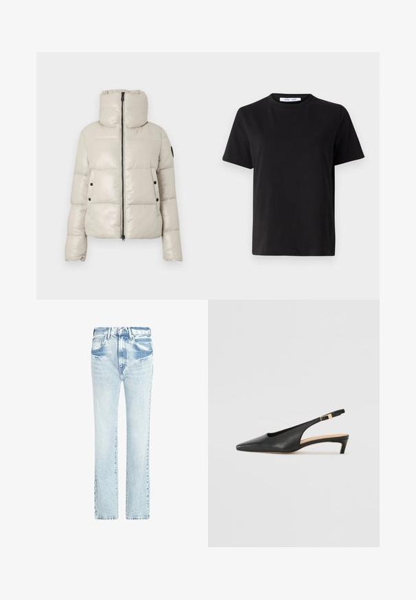 Svetlo béžová prešívaná bunda s vysokým golierom, predným zipsom a čiernymi gombíkovými akcentmi. Vyniká hladkou, lesklou textúrou a skráteným strihom.; Čierne tričko s krátkym rukávom vyrobené z mäkkej bavlny, s okrúhlym výstrihom, uvoľneným strihom a hladkou štruktúrou. Žiadne viditeľné vzory ani grafika.; Svetlomodré riflové nohavice so strihom rovného nohu, s piatimi vreckami a vyblednutou textúrou. Obsahujú viditeľné švy a klasické zapínanie na gombík.; Čierne kožené sandále na podpätku s špicatou špičkou, nízkym podpätkom a nastaviteľným členkovým remienkom s pozlátenou prackou. Hladký povrch.