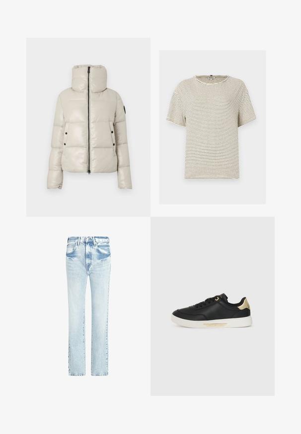 Light beige padded jacket with a high collar, front zipper, and black button accents. Features a smooth, shiny texture and a cropped design.; Striped, short-sleeve T-shirt in cream with black horizontal stripes. Features a crew neck and a relaxed fit. Made of soft fabric.; Light blue denim jeans with a straight leg design, five pockets, and a faded texture. Features visible stitching and a classic button closure.; Black leather sneaker with a smooth texture, white rubber sole, gold accents on the heel and eyelets, featuring a logo on the side.