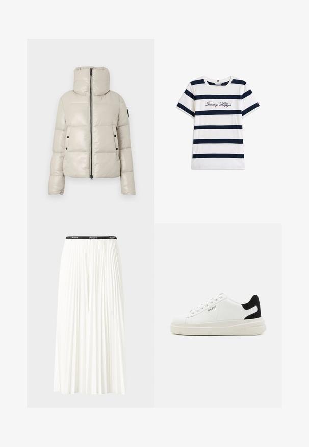 Hellbeige gepolsterte Jacke mit hohem Kragen, Frontreißverschluss und schwarzen Knopfakzenten. Verfügt über eine glatte, glänzende Textur und ein kürzeres Design.; Baumwoll-T-Shirt mit horizontalen navy-blauen Streifen auf weißem Hintergrund. "Tommy Hilfiger" in Kursivschrift auf der Brust gestickt. Runder Halsausschnitt.; Faltenrock aus Weiß mit einem schwarzen elastischen Bund, der das "LACOSTE"-Logo trägt. Mittellanges Design mit weicher Textur.; Weiße Leder-Sneaker mit einer dicken weißen Sohle, schwarzem Wildlederakzent an der Ferse und geprägtem Logo an der Seite. Schnürdesign mit sechs Ösen.