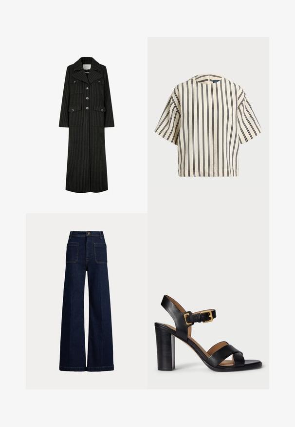 Zwarte pinstripes lange jas met een reverskraag, frontknopen en twee borstzakken. Heeft een rechte snit en een gestructureerd ontwerp.; Korte mouwen, gestreepte top in crème en marineblauw, met een ronde halslijn en een boxy ontwerp van een textuurstof.; Brede donkerblauwe denim jeans met een hoge taille, vijf zakken en contrasterende stiksels. Voorzien van een knoopsluiting en een gestructureerde vorm.; Zwarte leren sandaaltjes met hak, voorzien van een kruisbandontwerp en een sluiting met gesp. Kenmerkt zich door een chunky hak en een gladde textuur.