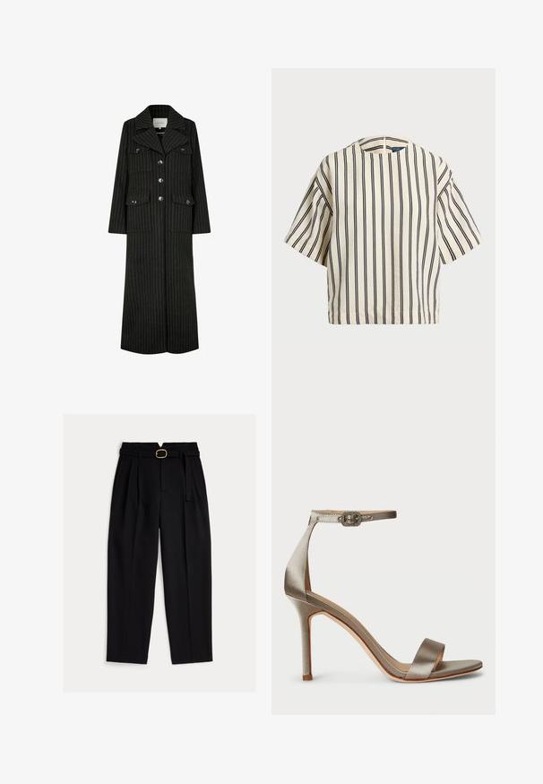Juodas štrichuotas ilgas paltas su apykakle, priekiniais mygtukais ir dviem krūtinės kišenėmis. Turtingas tiesus kirpimas ir subalansuota konstrukcija.; Kreminės ir tamsiai mėlynos juostelės trumpų rankovių marškinėliai, turi apvalų iškirpimą ir dėžutės tipo dizainą, pagaminti iš tekstūruotos medžiagos.; Juodos aukštos juosmens kelnės su diržu juosmens srityje, priekiu su klostėmis ir plačiomis kojų apačiomis. Pagamintos iš lygaus audinio su klasikiniu kirpimu.; Sidabrinės atlasinės aukštakulnės sandalai su kulkšnies dirželiu, puošiančiu sagtimi. Atviras pirštas ir plonas, elegantiškas dizainas.