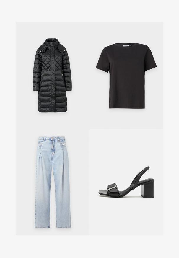 Geacă puffer matlasată neagră cu guler înalt, dotată cu buzunare laterale cu fermoar și accente aurii. Material sintetic neted cu o formă ajustată.; Tricou negru din bumbac, cu mâneci scurte, de tip crew neck, cu un design simplu și curat. Fără modele sau embellishments vizibile.; Jeans din denim albastru deschis cu talie înaltă, croială evazată, două buzunare laterale și un design pliat. Textură moale cu un finisaj decolorat.; Cizme negre cu toc înalt, cu vârf pătrat, toc bloc și detaliu cu cataramă metalică. Fabricate din material sintetic neted.