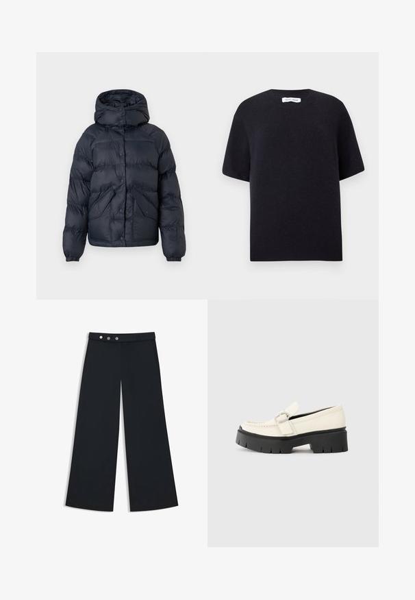 Marineblauwe gewatteerde jas met een capuchon, voorzien van drukknoopjes, twee voorzakken en elastische manchetten. Soepele textuur en warme isolatie.; Zwarte gebreide trui met korte mouwen, een ronde halslijn en een ribgebreide zoom. Zachte textuur met een relaxte pasvorm. Minimalistisch ontwerp.; Zwarte wijde broek met een gladde textuur, voorzien van een platte tailleband, een dubbele knopen sluiting en zijzakken.; Witte leren loafer met een stevige zwarte plateauzool, voorzien van een rechthoekige zilveren gesp en zichtbare stiksels op de bovenkant.