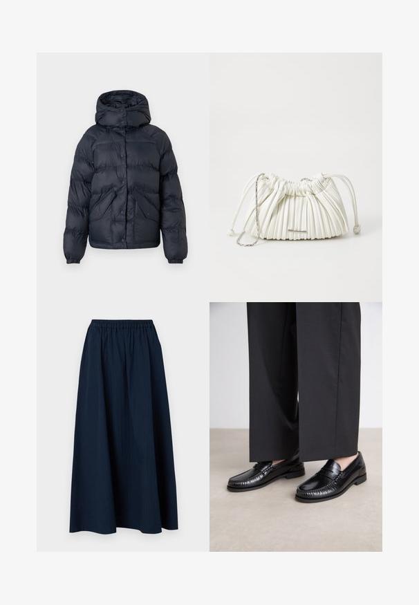 Navy blue padded jacket with a hood, featuring snap buttons, two front pockets, and elastic cuffs. Smooth texture and warm insulation.; Gray v-neck sweater made of soft wool-blend fabric, featuring long sleeves and a relaxed fit. Simple, minimal design with no prominent patterns.; Navy blue, full-length skirt made from textured fabric with an elastic waistband and subtle vertical stripes.; Black leather loafers with a smooth finish, stitched detailing around the toe, and a low rubber sole. Paired with wide black trousers.; White pleated handbag made of soft material. Features drawstring closure, braided handles, and a silver-tone hardware accent.
