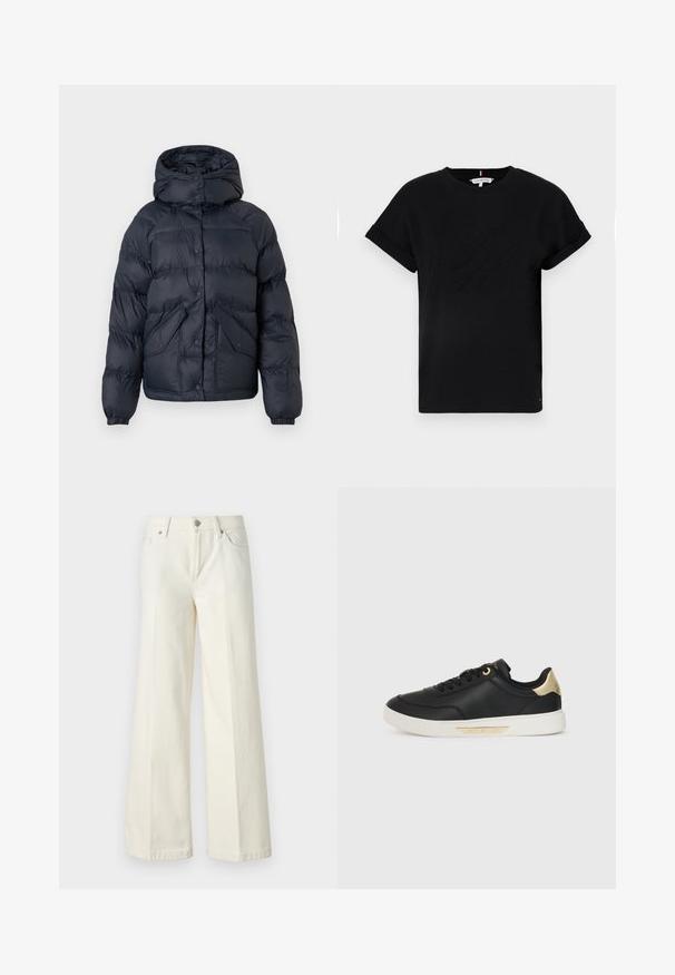 Jachetă călduroasă, de culoare bleumarin, cu glugă, prevăzută cu nasturi tip capse, două buzunare frontale și manșete elastice. Textură netedă și izolație călduroasă.; Tricou din bumbac negru, cu mâneci scurte răsucite, având un logo embosat în centrul său și un accent mic cu steag pe lateral.; Blugi albi evazați dintr-o țesătură din bumbac. Prezintă un fermoar la braguă, un design cu cinci buzunare și cusături de-a lungul cusăturilor.; Sneakers din piele neagră cu o textură netedă, talpă din cauciuc alb, accente aurii pe călcâi și ochiuri, având un logo pe lateral.