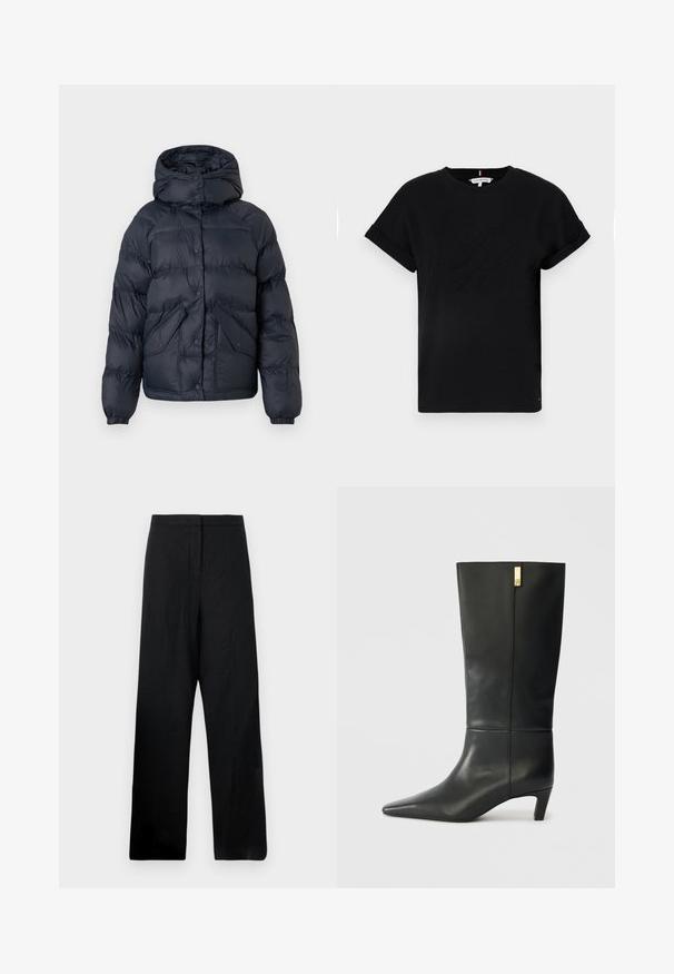 Navy blue padded jacket with a hood, featuring snap buttons, two front pockets, and elastic cuffs. Smooth texture and warm insulation.; Black cotton t-shirt with rolled short sleeves, featuring an embossed logo in the center and a small flag accent on the side.; Black wide-leg trousers made from a lightweight fabric. Features a smooth texture, high waist, and minimal stitching details.; Black leather knee-high boot with a pointed toe and a small heel. Features a sleek design with a gold accent detail. Smooth texture.