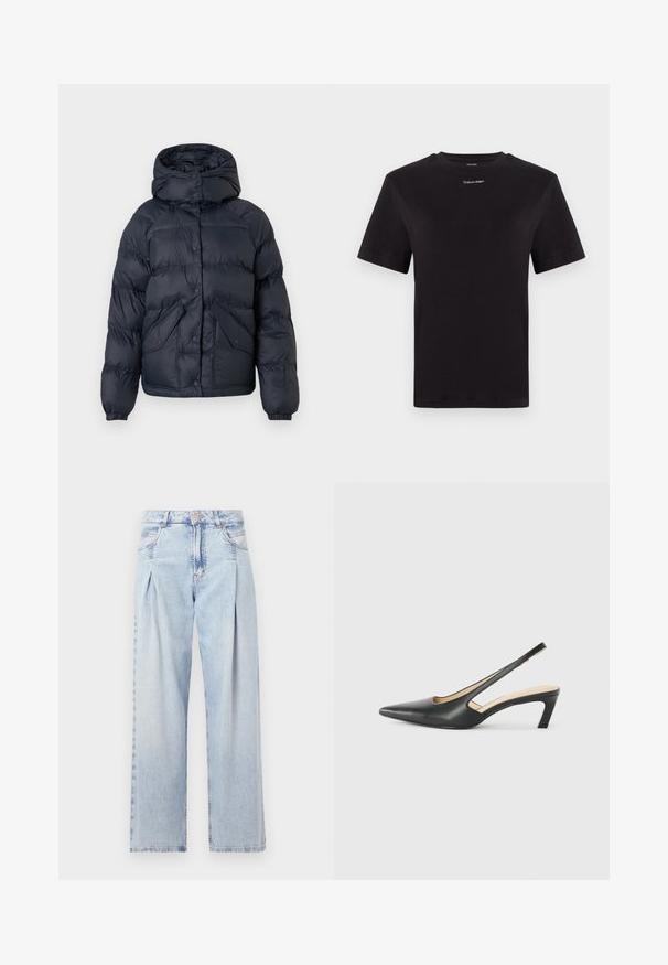 Marineblå forede jakke med hætte, der har trykknapper, to frontlommer og elastiske manchetter. Glat tekstur og varm isolering.; Sort bomulds t-shirt med korte ærmer, rund halsudskæring og lille hvid "Calvin Klein" logo på brystet. Glat tekstur, klassisk pasform.; Lyseblå denim jeans med høj talje, bred benåbning, to sidelommer og plisseret design. Blød tekstur med et falmet finish.; Sorte spidse slingback-sko med en lav hæl, lavet af glat læder og med udskæringer på siden for åndbarhed.