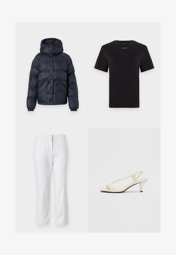 Námořnická modrá zateplená bunda s kapucí, má patentky, dvě přední kapsy a elastické manžety. Hladký povrch a teplá izolace.; Černé bavlněné tričko s krátkými rukávy, kulatým výstřihem a malým bílým logem "Calvin Klein" na hrudi. Hladká textura, klasický střih.; Bílé bavlněné kalhoty s rovnou nohavicou, s středně vysokým pasem a bez viditelných kovových prvků nebo vzorů. Hladká textura po celém povrchu.; Krémové sandály na bloku s tenkými popruhy a čtveratou špičkou. Hladký materiál s minimálními detaily, navržené pro snadné nošení.