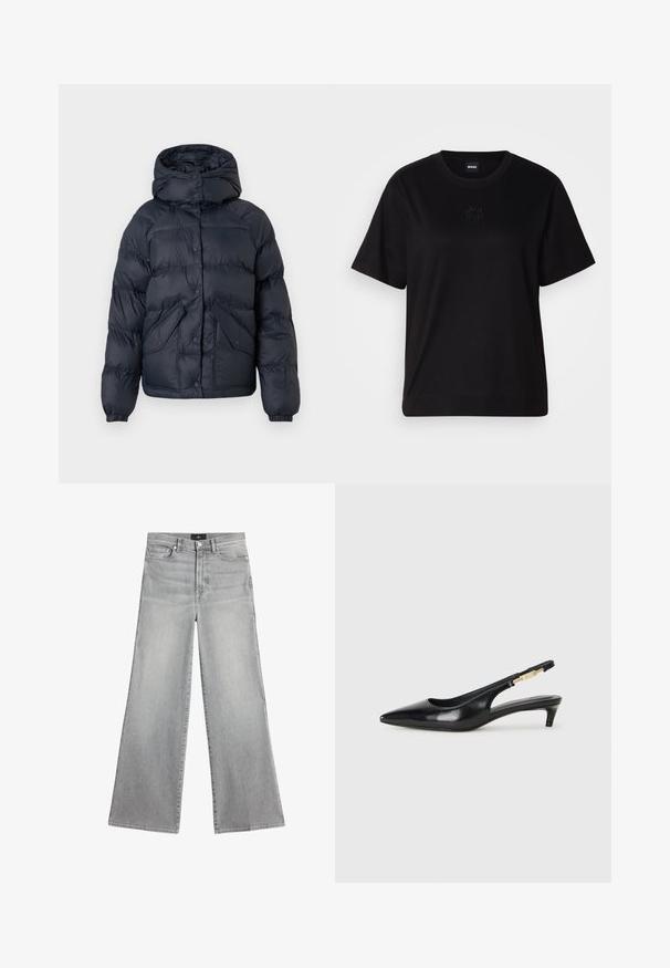 Marineblå forede jakke med hætte, der har trykknapper, to frontlommer og elastiske manchetter. Glat tekstur og varm isolering.; Sort bomulds t-shirt med rund halsudskæring, korte ærmer og et broderet logo på brystet. Enkel, afslappet pasform uden mønstre.; Grå brede jeans lavet af denim. Har en høj talje, forlommer og en ren kant. Subtile falmede detaljer skaber et tekstureret udseende.; Sorte læder slingback hæle med spids tå, der har en slank hæl og en guldfarvet detalje på den justerbare rem. Glat tekstur.
