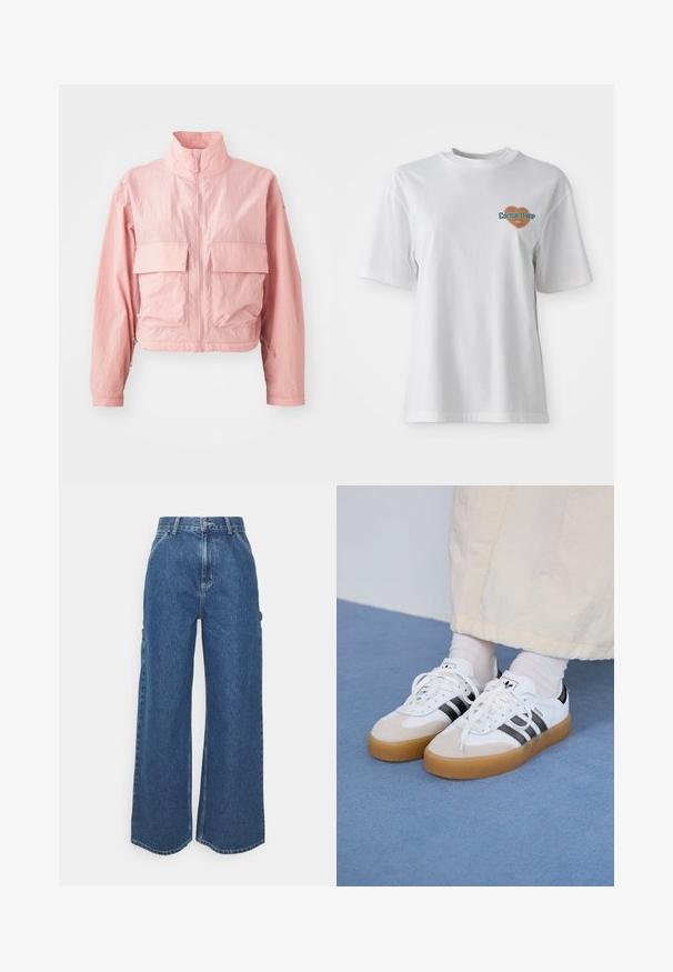 Gaiši rozā īsa jaka ar augstu apkakli, divām priekšējām kabatām un elastīgu šnūru detaļām ap apakšu un piedurknēm. Gluda tekstūra.; Carhartt WIP GROWTH - Apdrukāts T-krekls - white stone washed; Platleņķa zili džinsi ar augstu jostasvietu, kontrastējošām šuvēm un sānu kabatām, ar klasisku piecu kabatu dizainu un neapstrādātiem malām.; Baltas sporta apavi ar melnām svītrām un beisīgo zamšādu akcentiem. Ievies struktūrētu gumijas zoli un izkārtotas baltas šnerves, valkāti ar gaišiem zeķēm.