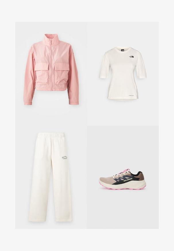 Kerged roosa lühike jakk kõrge kaelusega, kahe ees oleva klapiga taskuga ning elastse nöörikujundusega hemmi ja varrukate juures. Sile tekstuur.; The North Face SHADOW SHORT SLEEVE - Spordi T-särk - white dune; Kreemikas värvitoon laiad püksid, mis on valmistatud pehmest materjalist ja millel on elastne vöökoht. Esiküljel on peen roheline tikkimine.; Beež ja roosa Salomoni jooksujalanõud musta logo ja disainielementidega, kreemja vaheplaadiga ja roosa välispõhjaga, vaadatuna külgvaates ühelgusal taustal.