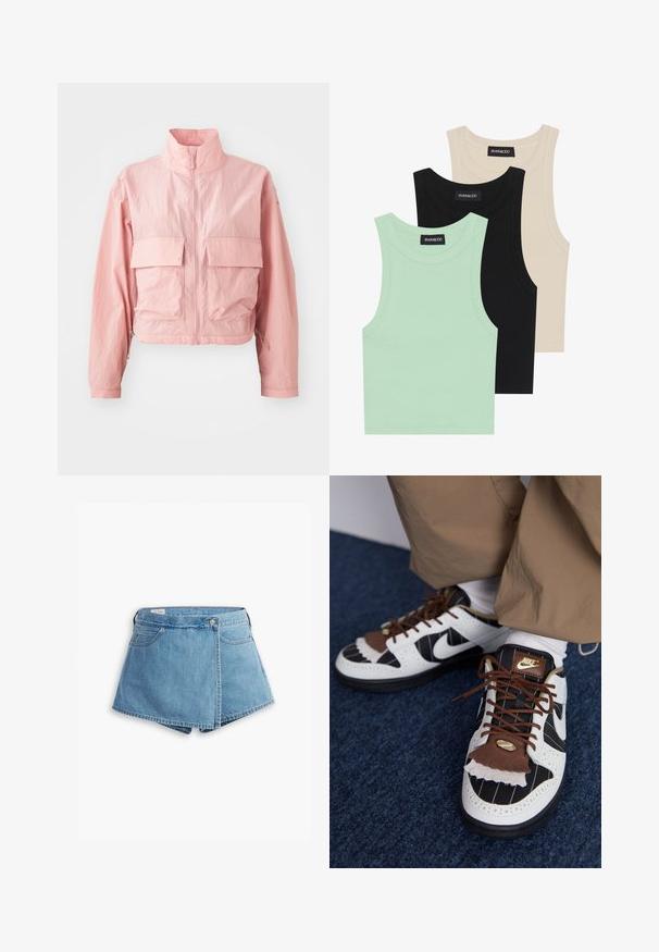 Light pink cropped jacket with a high collar, two front patch pockets, and elastic drawstring detailing at the hem and cuffs. Smooth texture.; Three tank tops in mint green, black, and beige; made of ribbed fabric with a round neckline and no sleeves. Brand label visible.; Denim shorts in light blue, featuring a wrap design, front pockets, and a metal button closure. Smooth texture with stitched edges.; Nike sneakers with white, black, and brown materials. Features a textured brown flap, striped design, and traditional lacing with gold accents.