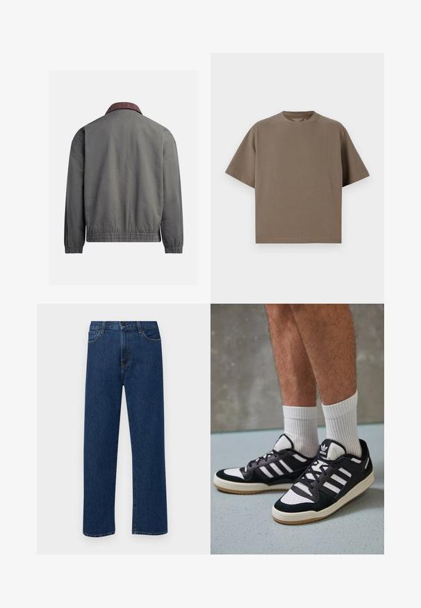 Gray bomber jacket with a ribbed maroon collar, elastic cuffs and hem, made of soft fabric with a smooth texture, featuring a plain design.; Brown, short-sleeve t-shirt made of soft fabric with a round neckline. Features a relaxed fit and simple hem detailing.; Dark blue straight-leg denim jeans with front pockets and a button closure, displayed on a plain white background.; Black and white sneakers with a suede and leather upper, featuring three white stripes, a perforated toe, and a gum rubber sole.