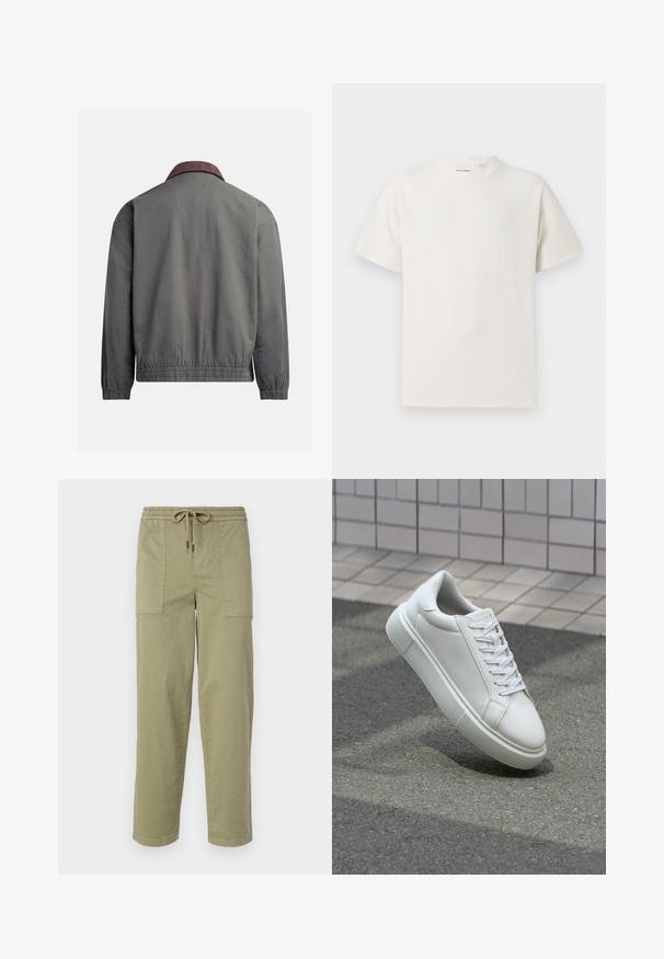 Gray bomber jacket with a ribbed maroon collar, elastic cuffs and hem, made of soft fabric with a smooth texture, featuring a plain design.; White short-sleeve T-shirt in a ribbed texture. Round neckline, relaxed fit, no visible patterns or accents. Simple and versatile design.; Light olive green pants made of cotton blend fabric, featuring an elastic waistband with drawstring, and two large side pockets.; White leather sneaker with a smooth surface, round toe, and flat white laces. Features a textured rubber sole and minimal design elements.