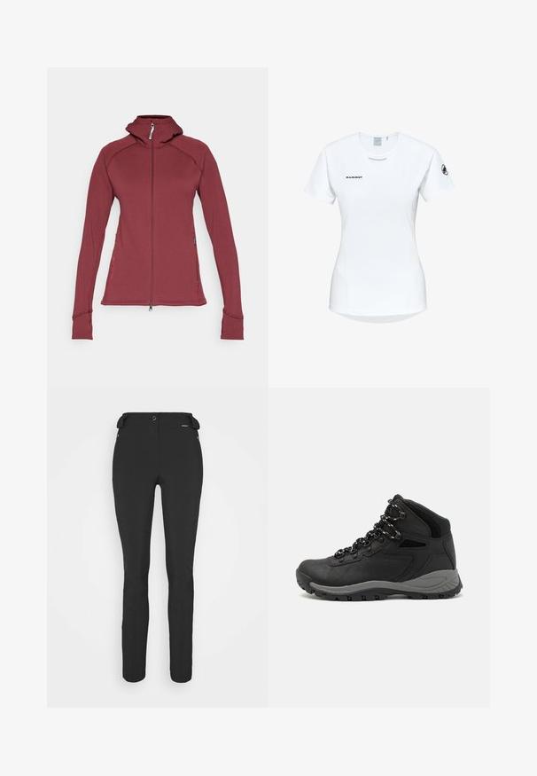 Houdini POWER HOUDI - Fleece jacket - cab red; Short-sleeve white athletic shirt with a round neckline, featuring a logo on the chest and a smooth, lightweight fabric texture.; Black, fitted pants made from a flexible material. Features include a zippered side pocket, articulated knees, and a smooth texture.; Black hiking boot with a mid-top design, featuring a textured upper, gray accents, and durable rubber sole with traction lugs.