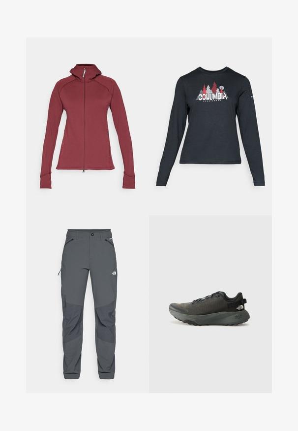 Houdini POWER HOUDI - Fleece jacket - cab red; Long-sleeve dark gray shirt with a graphic of red trees and mountains; "COLUMBIA" logo in bold white text. Soft fabric, standard crew neck.; Dark gray outdoor pants with reinforced knee patches, zippered side and front pockets, button closure, and The North Face logo on thigh.; Dark gray athletic shoe with a textured fabric upper, flat laces, reinforced toe, and thick, rugged sole for traction. 300 embossed on the heel.