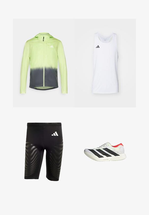 Leichte Jacke mit einem Farbverlauf-Design, leuchtend limegrün, das in dunkles Grau übergeht, mit Kapuze und Reißverschluss.; Weißes ärmelloses sportliches Tanktop aus leichtem Stoff, mit schwarzem Adidas-Logo auf der linken Brust und einem runden Ausschnitt.; Schwarze Sportshorts mit dehnbarem Schnitt, die an den Seiten ein glänzendes Wellenmuster und ein weißes Logo am Bund aufweisen.; Weißer Sportschuh mit schwarzen diagonalen Streifen, roten Akzenten an der Ferse und einer strukturierten Oberfläche; ausgestattet mit LIGHTSTRIKE PRO Dämpfung.