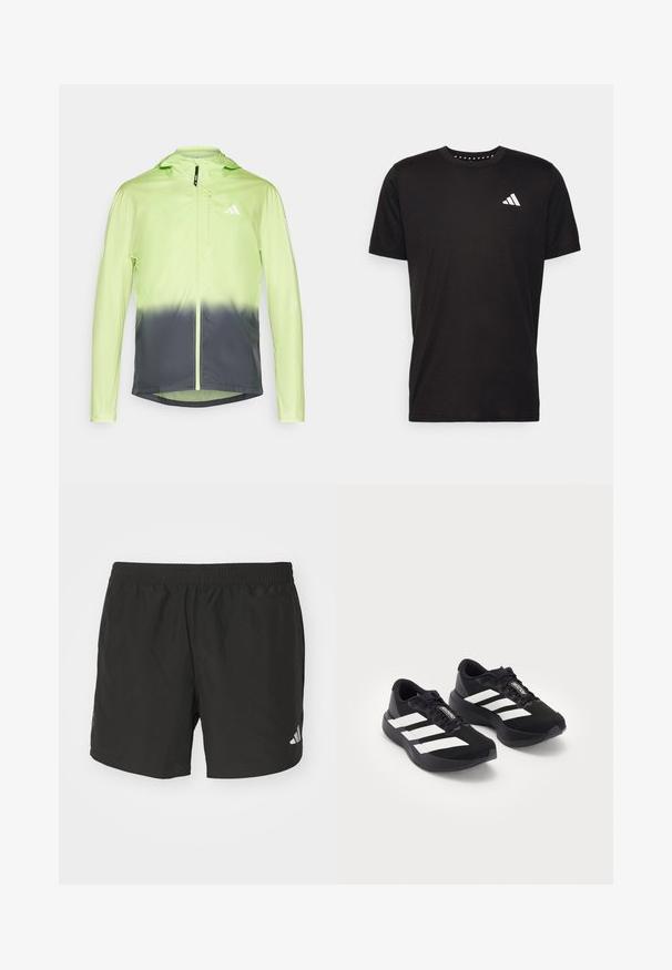 Veste légère avec un design dégradé, passant d'un vert citron brillant à un gris foncé, dotée d'une capuche et d'une fermeture à glissière.; T-shirt en coton noir à manches courtes, décolleté rond et logo blanc sur la poitrine gauche. Texture lisse et design simple.; Shorts de sport noirs avec une taille élastique, des fentes sur les côtés et des accents de logo réfléchissants. Fabriqués en tissu léger et lisse.; Une paire de chaussures de course Adidas Adizero noires avec des rayures et des lacets blancs sur un fond blanc, placées côte à côte.