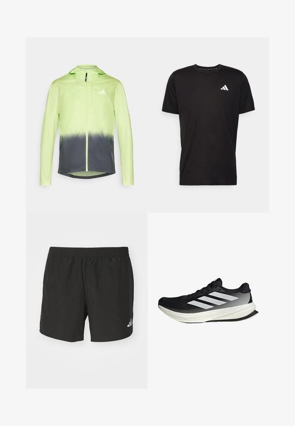 Chaqueta ligera con un diseño degradado, en un brillante verde lima que transita a un gris oscuro, con capucha y cierre de cremallera.; Camiseta de algodón negra con mangas cortas, cuello redondo y un logo blanco en el lado izquierdo del pecho. Textura suave y diseño sencillo.; Pantalones cortos deportivos negros con cintura elástica, aberturas laterales y acentos de logo reflectantes. Hechos de una tela liviana y suave.; Zapato deportivo negro con un diseño de malla, que presenta rayas blancas, una puntera redondeada y una suela texturizada para agarre y soporte.